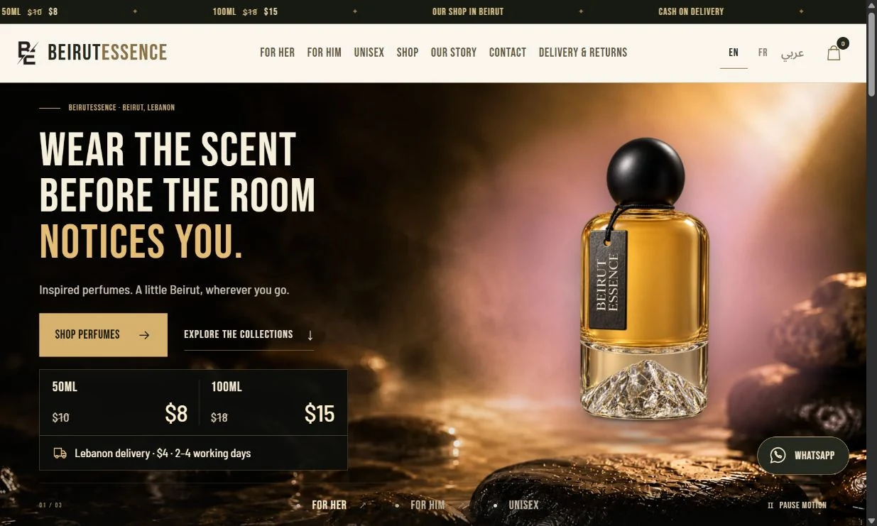 Beirut Essence perfume storefront featuring its product collection